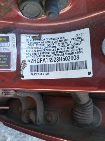 2HGFA16928H502908 - 2008 HONDA CIVIC EXL Bordo foto 10