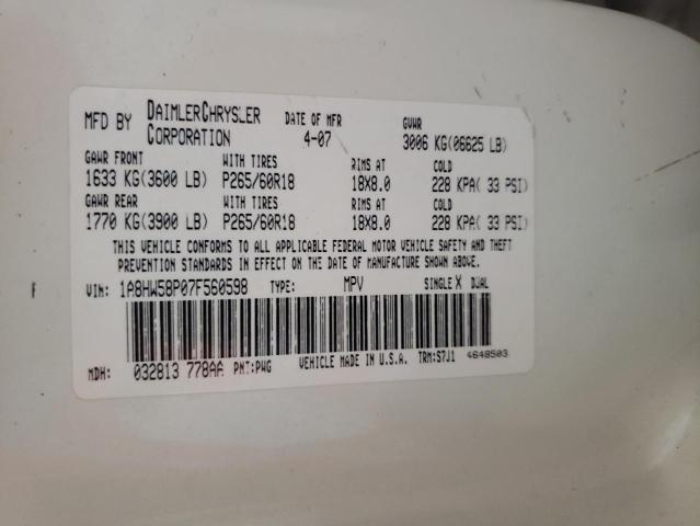 1A8HW58P07F560598 - 2007 CHRYSLER ASPEN LIMI WHITE photo 10