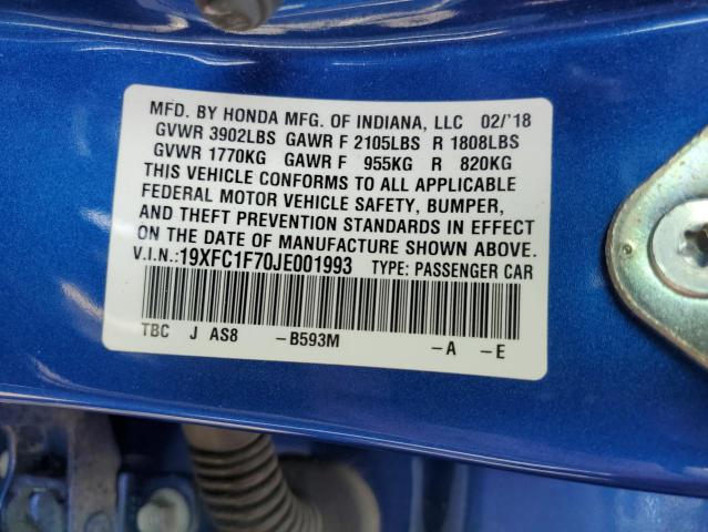 19XFC1F70JE001993 - 2018 HONDA CIVIC EXL Niebieski zdjęcie 10