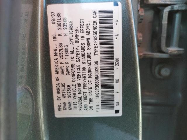 1HGCP36808A002006 - 2008 HONDA ACCORD EXL GREEN photo 10