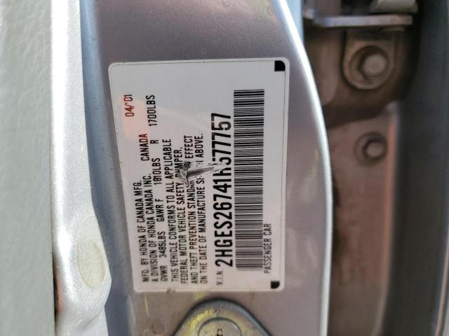 2HGES26741H577757 - 2001 HONDA CIVIC EX SILVER photo 10