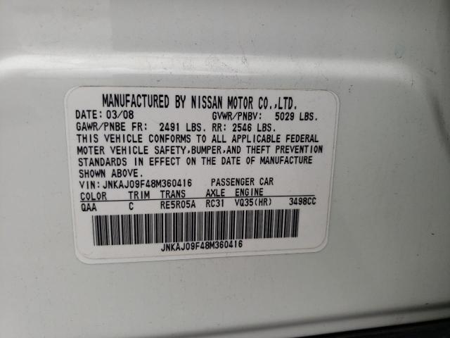JNKAJ09F48M360416 - 2008 INFINITI EX35 BASE WHITE photo 10
