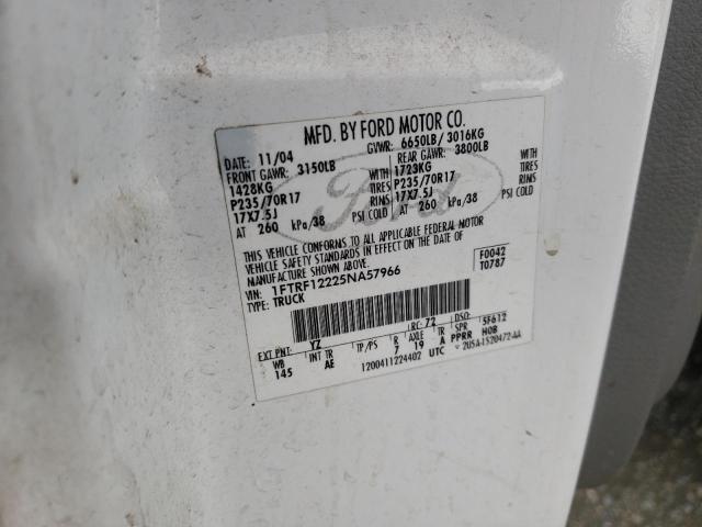 1FTRF12225NA57966 - 2005 FORD F-150 WHITE photo 10