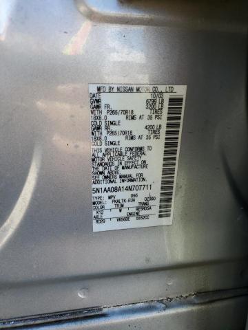 5N1AA08A14N707711 - 2004 NISSAN ARMADA SILVER photo 10