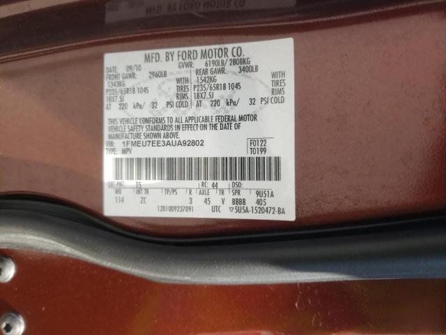 1FMEU7EE3AUA92802 - 2010 FORD EXPLORER E MAROON photo 10