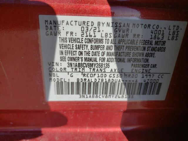 3N1AB8CV8MY268135 - 2021 NISSAN SENTRA SV RED photo 10