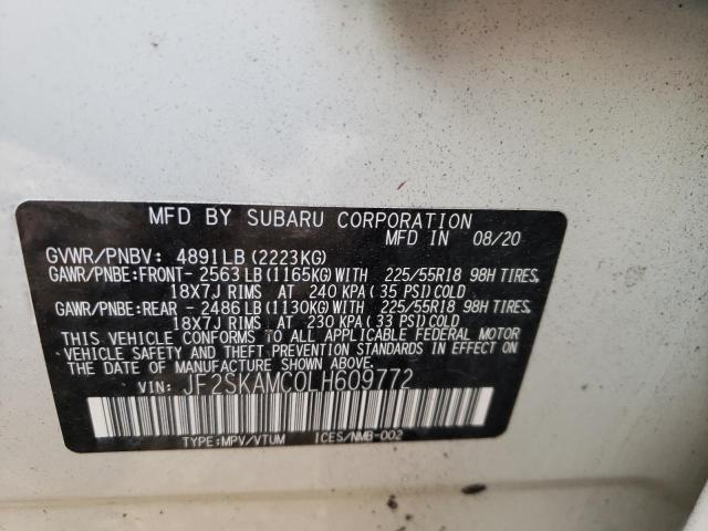JF2SKAMC0LH609772 - 2020 SUBARU FORESTER S WHITE photo 10