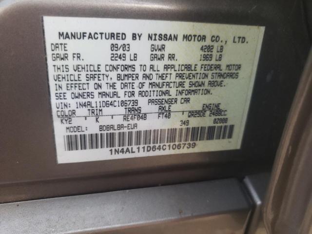 1N4AL11D64C106739 - 2004 NISSAN ALTIMA BAS BEIGE photo 10