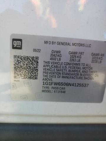 1G1FW6S06N4125537 - 2022 CHEVROLET BOLT EV 1L WHITE photo 10