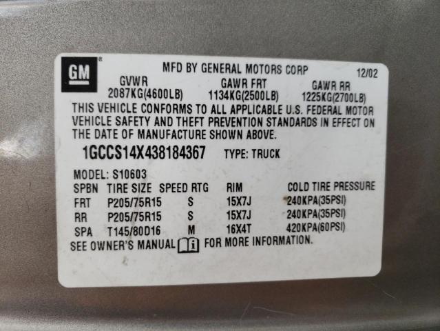 1GCCS14X438184367 - 2003 CHEVROLET S TRUCK S10  photo 10