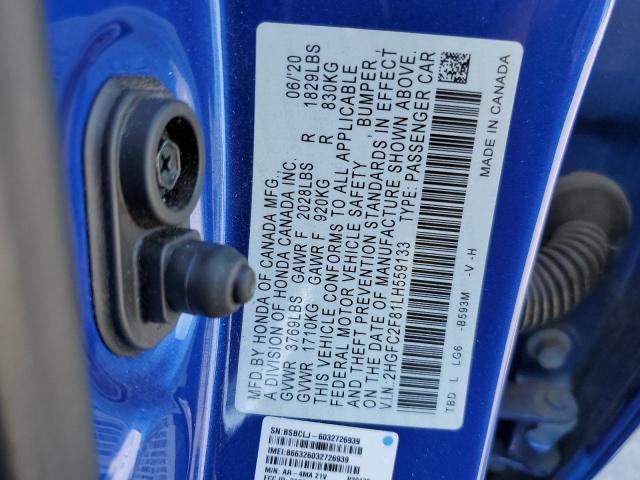 2HGFC2F81LH559133 - 2020 HONDA CIVIC SPOR 蓝色 照片 10