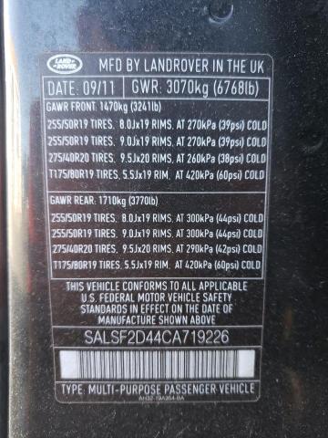 SALSF2D44CA719226 - 2012 LAND ROVER RANGE ROVE BLACK photo 10