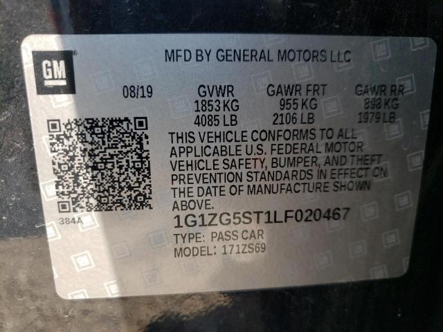 1G1ZG5ST1LF020467 - 2020 CHEVROLET MALIBU RS BLACK photo 10