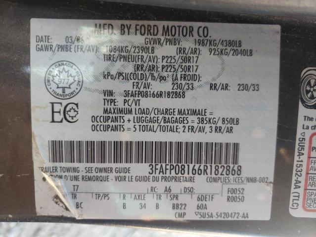 3FAFP08166R182868 - 2006 FORD FUSION SEL GRAY photo 10