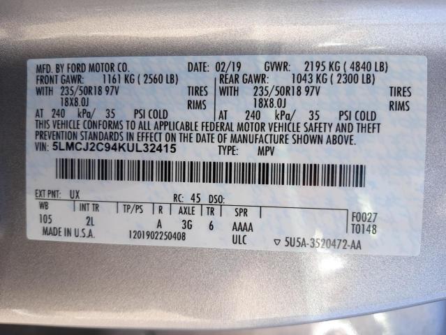 5LMCJ2C94KUL32415 - 2019 LINCOLN MKC SELECT GRAY photo 10