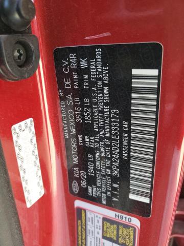 3KPA24AD2LE333173 - 2020 KIA RIO LX RED photo 10