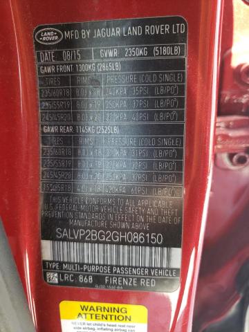 SALVP2BG2GH086150 - 2016 LAND ROVER RANGE ROVE RED photo 10