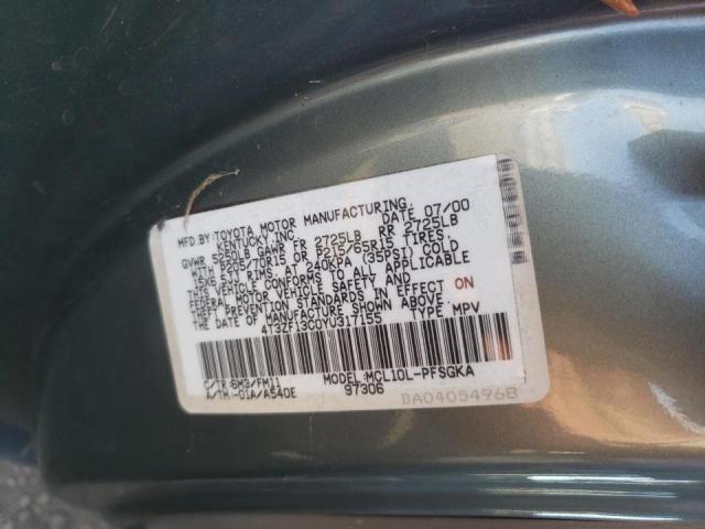 4T3ZF13C0YU317155 - 2000 TOYOTA SIENNA LE TEAL photo 10