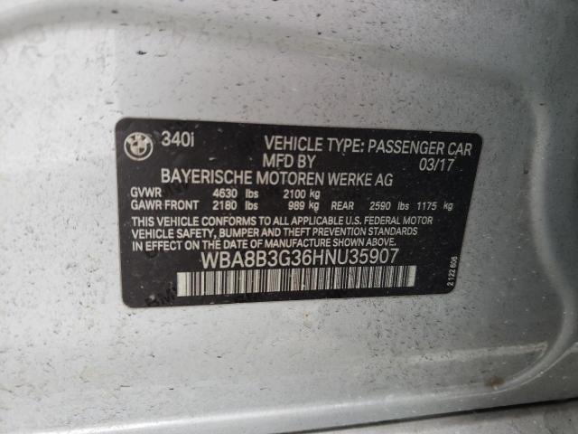 WBA8B3G36HNU35907 - 2017 BMW 340 I SILVER photo 10