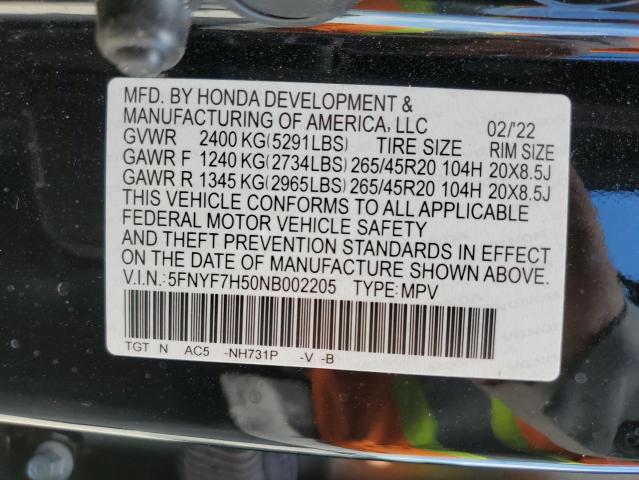 5FNYF7H50NB002205 - 2022 HONDA PASSPORT E 黑色 照片 10