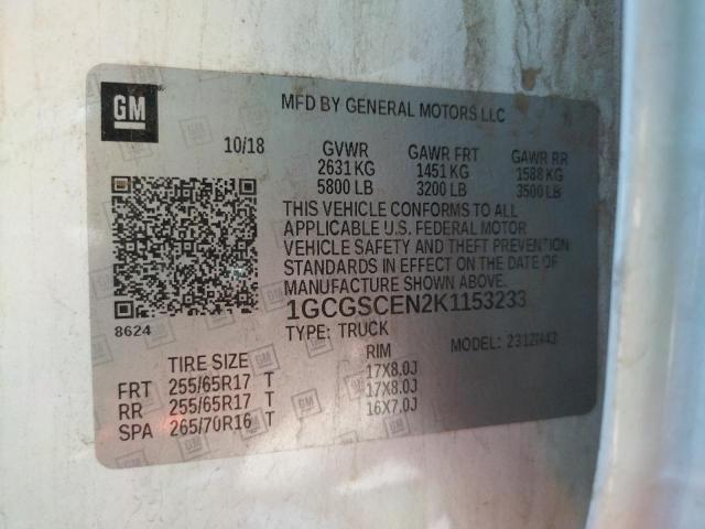 1GCGSCEN2K1153233 - 2019 CHEVROLET COLORADO L WHITE photo 10