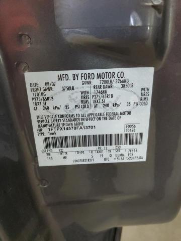 1FTPX14578FA13701 - 2008 FORD F150 GRAY photo 10