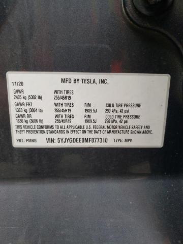 5YJYGDEE0MF077310 - 2021 TESLA MODEL Y Graphite photo 10