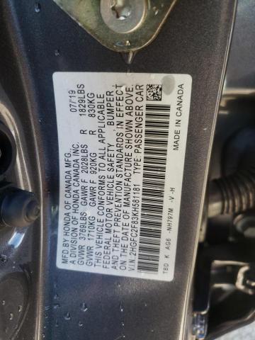 2HGFC2F83KH581181 - 2019 HONDA CIVIC SPOR 灰色 照片 10