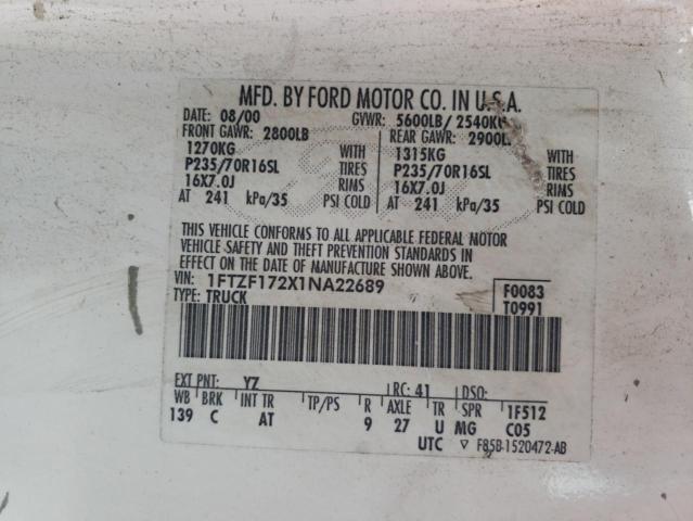 1FTZF172X1NA22689 - 2001 FORD F150 WHITE photo 10