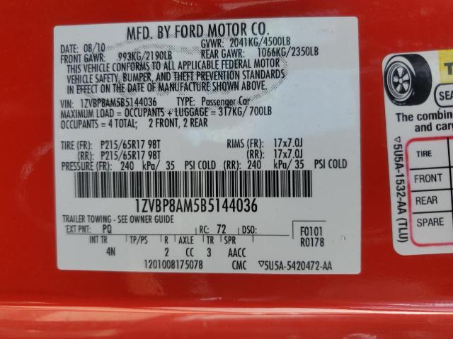 1ZVBP8AM5B5144036 - 2011 FORD MUSTANG RED photo 10
