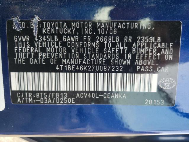 4T1BE46K27U087232 - 2007 TOYOTA CAMRY CE BLUE photo 10