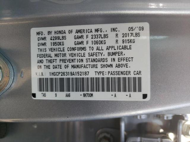 1HGCP26319A152187 - 2009 HONDA ACCORD LX SILVER photo 10