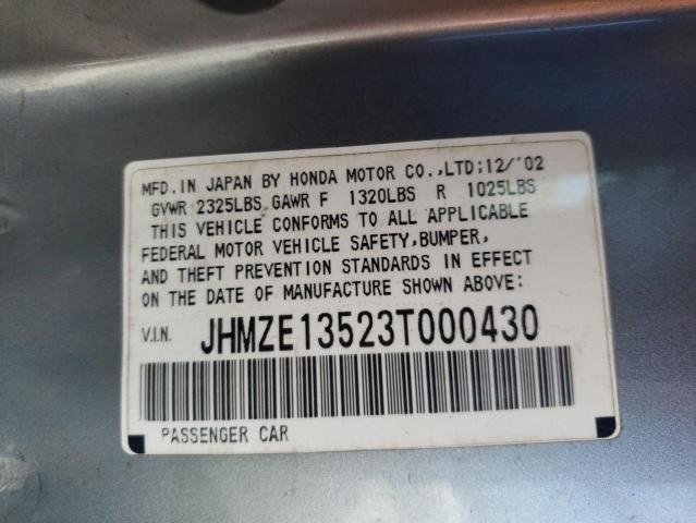 JHMZE13523T000430 - 2003 HONDA INSIGHT SILVER photo 10