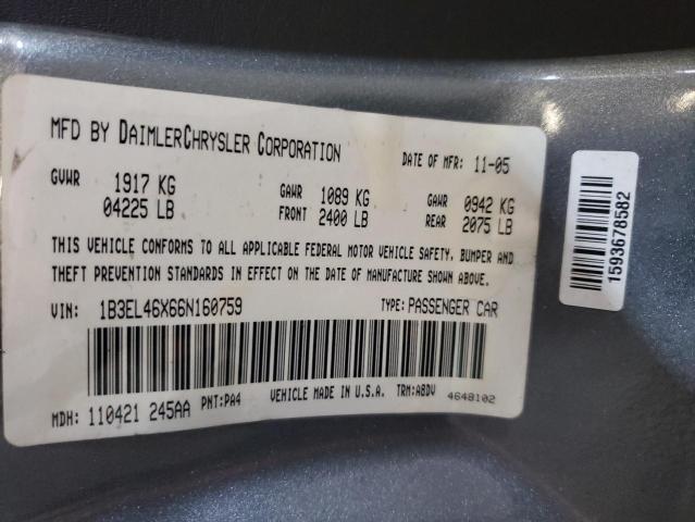 1B3EL46X66N160759 - 2006 DODGE STRATUS SX GRAY photo 10