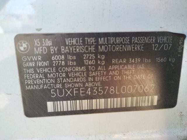 5UXFE43578L007062 - 2008 BMW X5 3.0I WHITE photo 10