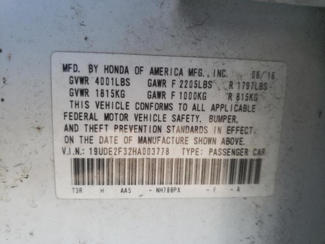 19UDE2F32HA003778 - 2017 ACURA ILX BASE W Ağ foto 10