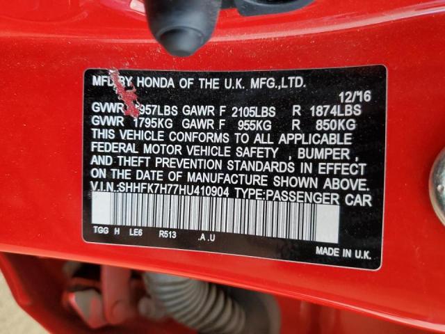 SHHFK7H77HU410904 - 2017 HONDA CIVIC EXL أحمر صورة 10