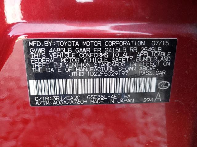 JTHCF1D22F5029197 - 2015 LEXUS IS 250 RED photo 10