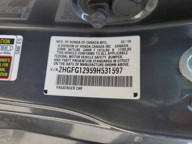 2HGFG12959H531597 - 2009 HONDA CIVIC EXL Grafit foto 10