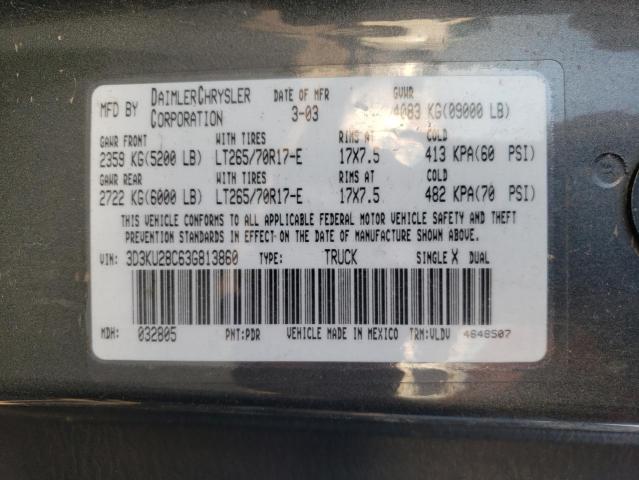 3D3KU28C63G813860 - 2003 DODGE RAM 2500 S GRAY photo 10
