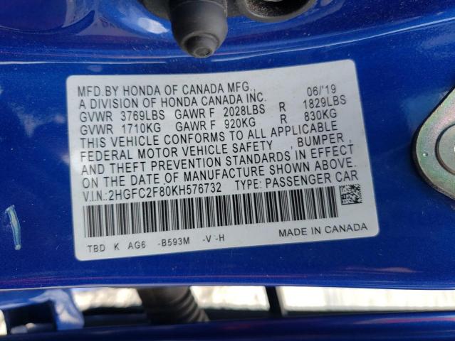 2HGFC2F80KH576732 - 2019 HONDA CIVIC SPOR BLUE photo 10