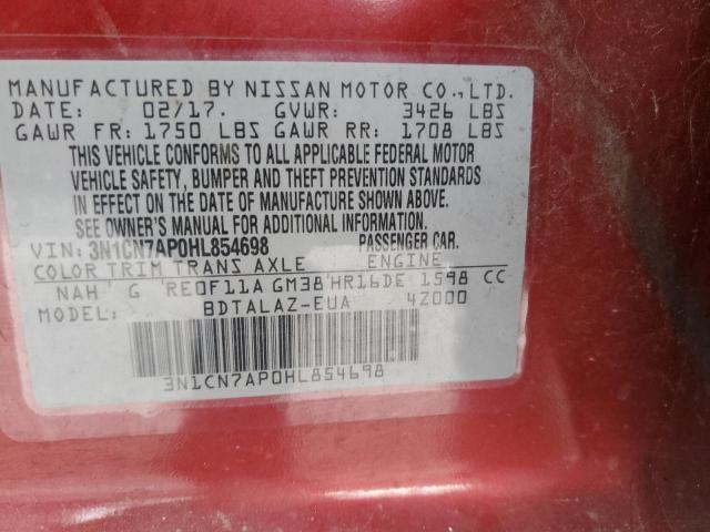 3N1CN7AP0HL854698 - 2017 NISSAN VERSA S BURGUNDY photo 10