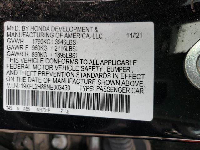 19XFL2H88NE003430 - 2022 HONDA CIVIC SPOR BLACK photo 10