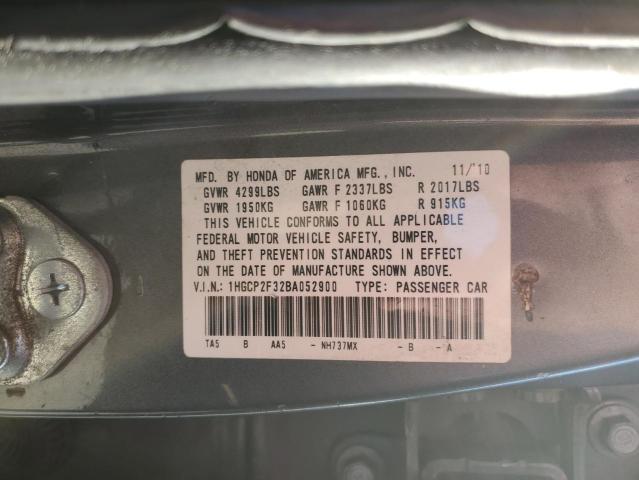 1HGCP2F32BA052900 - 2011 HONDA ACCORD LX GRAY photo 10