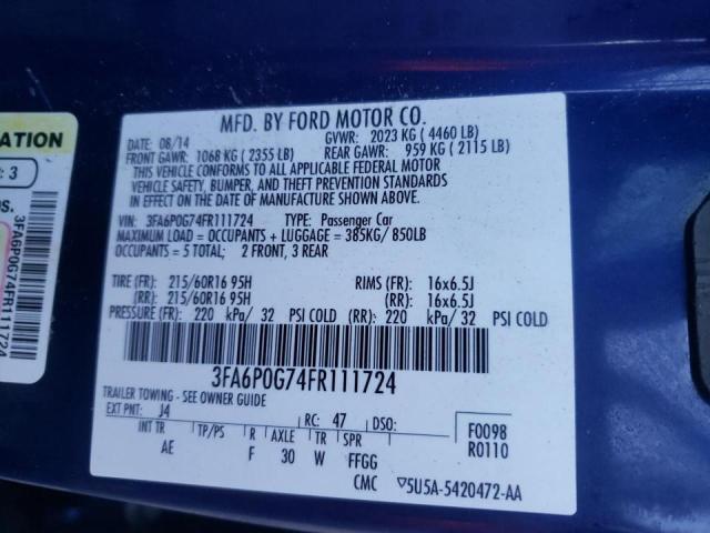 3FA6P0G74FR111724 - 2015 FORD FUSION S BLUE photo 10