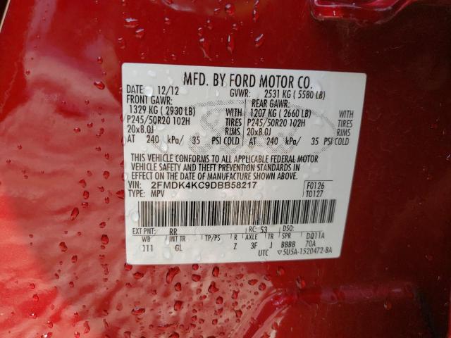 2FMDK4KC9DBB58217 - 2013 FORD EDGE LIMIT BURGUNDY photo 10