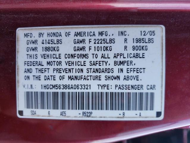 1HGCM56386A063321 - 2006 HONDA ACCORD SE MAROON photo 10