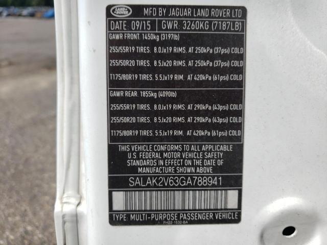 SALAK2V63GA788941 - 2016 LAND ROVER LR4 HSE LU WHITE photo 10