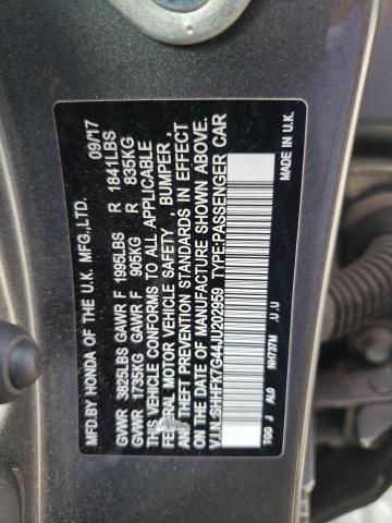 SHHFK7G44JU202959 - 2018 HONDA CIVIC SPOR GRAY photo 10