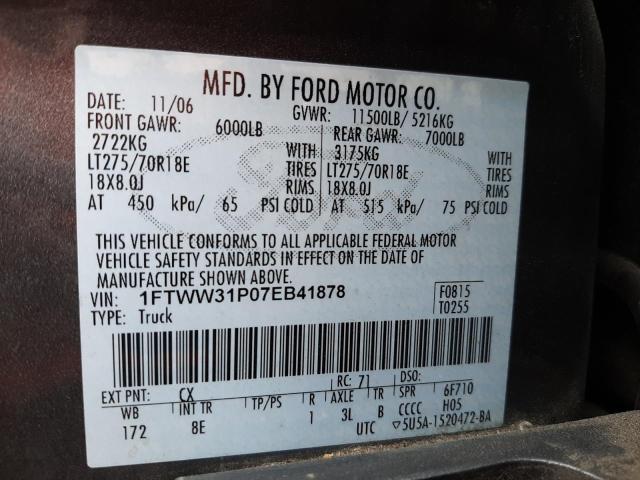 1FTWW31P07EB41878 - 2007 FORD F350 SRW S GRAY photo 10